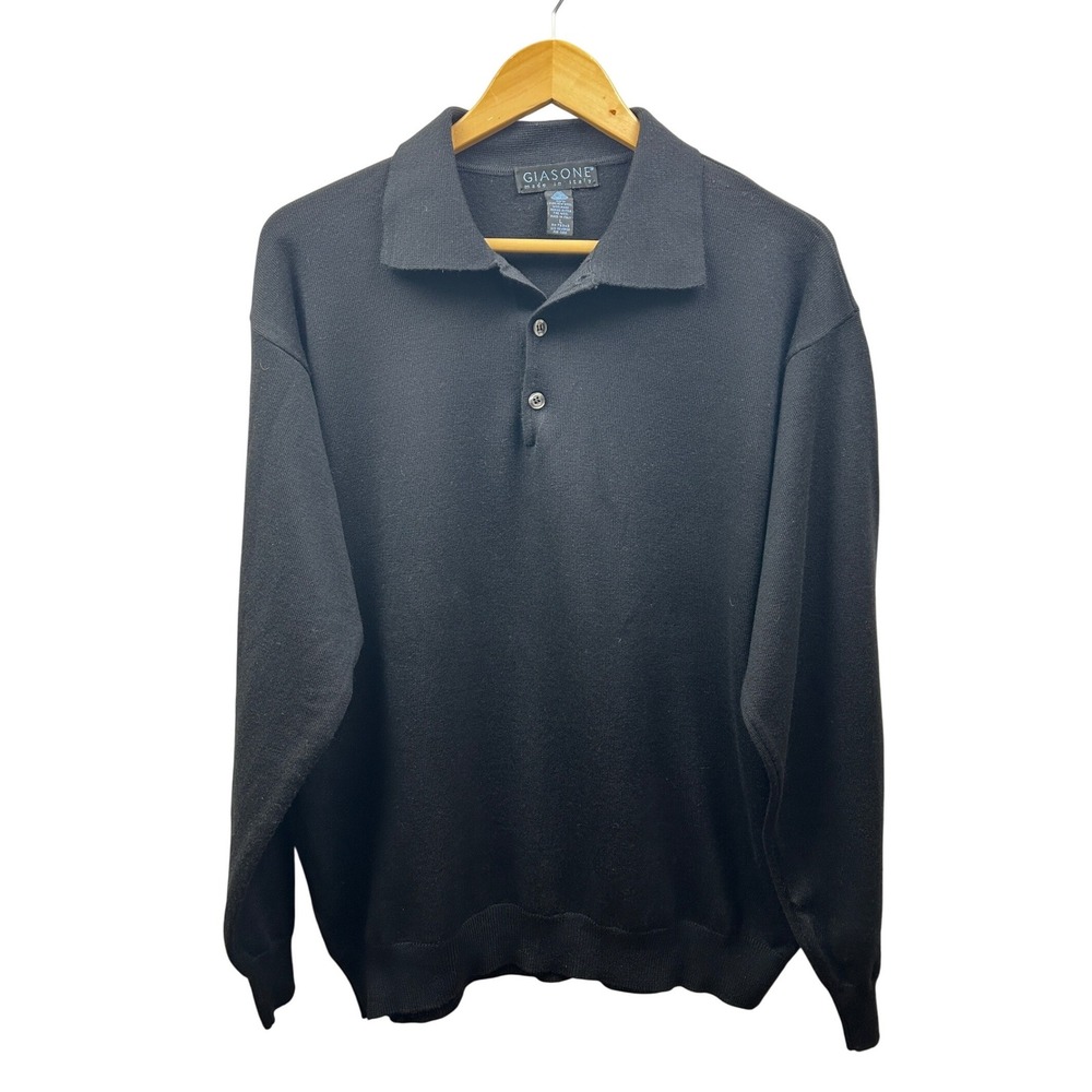 Giasone Merino Wool Polo Sweater Mens L Black Made in Italy Minimalist Cozy Knit